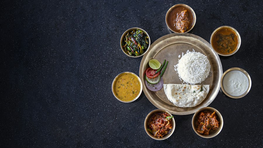 A thali spread seen from above